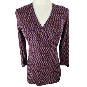 Boden Top US 6 Mock Wrap-Style Navy Pink Pattern 3/4 Sleeves